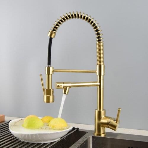 Brushed Gold Kitchen Faucets Brass Pull Down Sink Mixer Taps Single Handle Hot & Cold Crane Vessel Rotating Spring Type Black