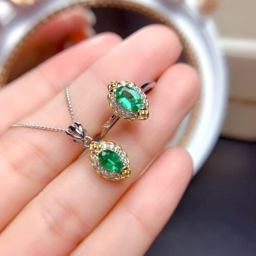 BLACK ANGEL Silver Jewelry Set Simulation Emerald Tourmaline Color Separation Plating Open Ring Female Simple Pendant Necklace