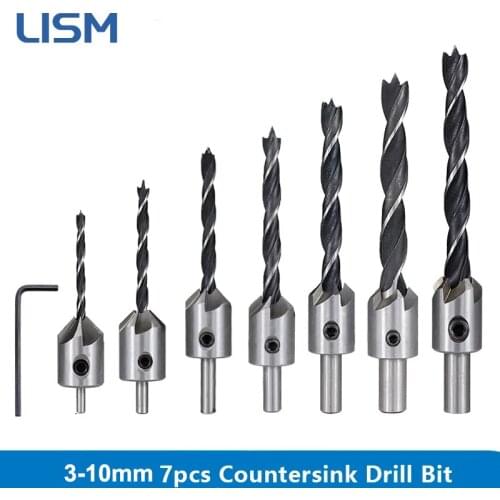 7Pcs 3mm-10mm HSS Countersink Drill Bit Set 5 Flute Carpentry Reamer Woodworking Chamfer Drilling Tools Screw Hole Drill