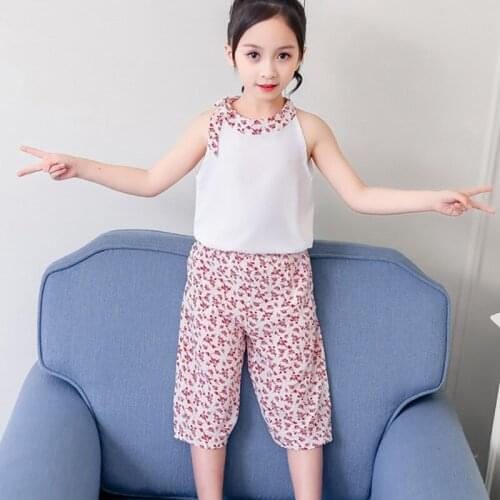 2020 New Fashion Summer Girls Clothes White Vest Floral Pant 2pcs Children Clothing Set Chiffon Toddler Teens Kids Suits