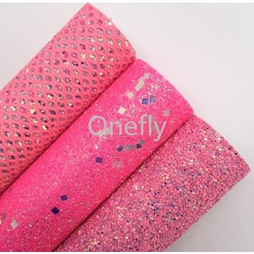 Onefly PINK Chunky Glitter Leather, Faux Leather Glitter Fabric Sheets For Bow DIY handbags shoes AF001