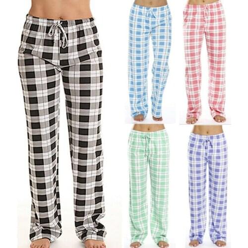 Casual Women Pants Check Tartan Cotton Blend Plaids Print Nightwear Pyjama Bottom Loose Lounge Pants