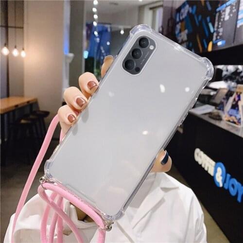 Luxury Lanyard Silicone Phone Case For Oppo Reno 4 3 2 Z F Ace Pro Find X2 RX 17 15 Neo R 11s 9s Ultra-thin Necklace Rope Cover