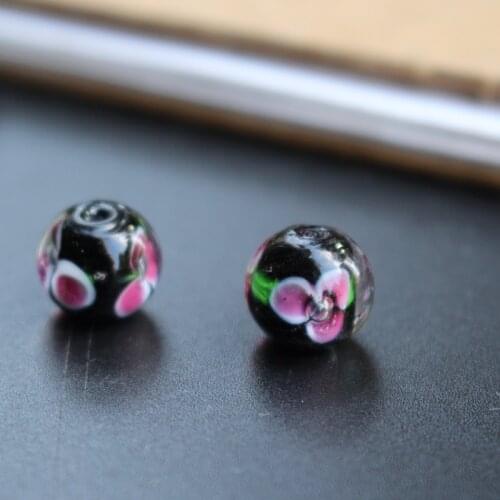 10Pcs 10mm Handmade Lampwork Glass Beads with 3Flower Simply Black Red Color for jewelry Bracelet making Wholesale and Retail