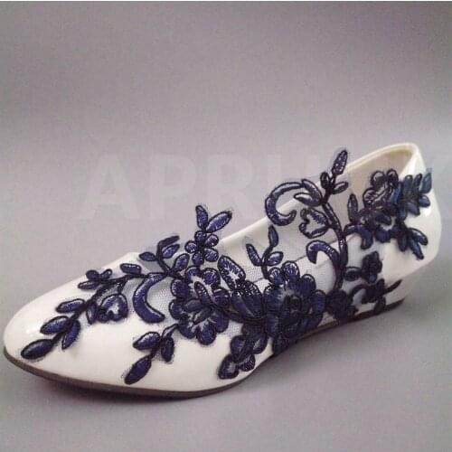 3CM wedges heel blue lace handmade pumps shoes woman ladies girls party dinner proms navy blue dress best match designer shoe