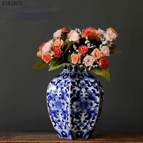 Creative Hexagonal Ceramic Vase Flower Arrangement Flower Pot Blue Hydroponic Vase Crafts Gift Living Room Countertop Decoration