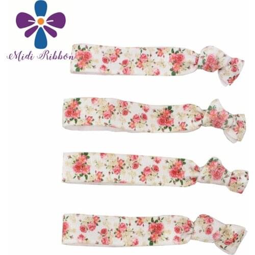 5/8"16mm Flower Printed Fold Over Elastic Ribbon Hair Tie 9.5cm 50pcs/pack