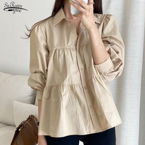 Korean Loose Puff Long Sleeve Woman Shirt Single-breasted Vintage White Women Blouses Casual Casual Plus Size Shirts Tops 15486