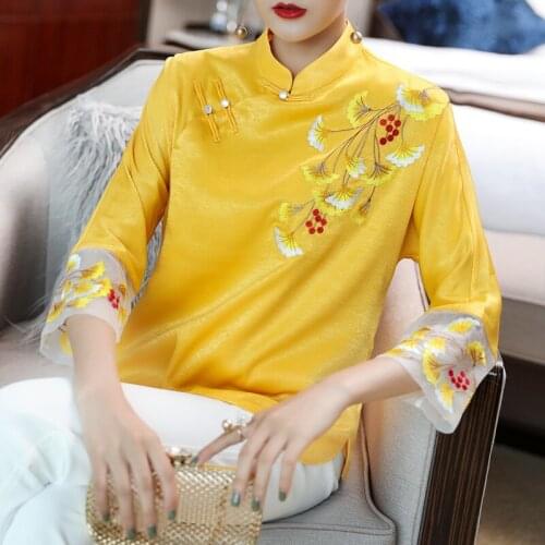 Chinese Style Spring Summer Vintage Womens Yellow Emblridery Cheongsam Top Blouse , Woman Chipao Blouses and Tops Shirts