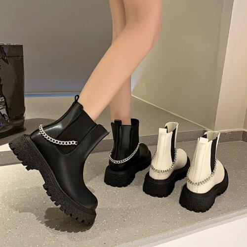 White Mid-Calf Boots Shoes Chelsea Round Toe Boots-Women Low Lolita Summer Ladies Rubber Autumn 2021 Mid Calf Rock Lace-Up Incr