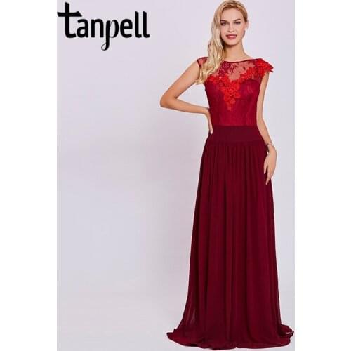 Tanpell appliques evening dress burgundy scoop neck sleeveless floor length a line gown cheap women formal long evening dresses
