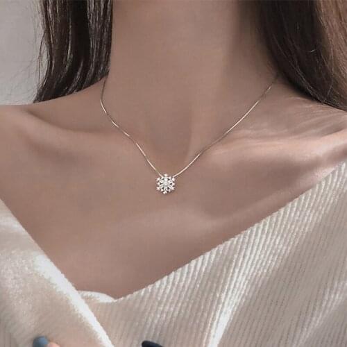 New Trendy 925 Sterling Silver Shiny Zircon Necklace Snowflake Pendant Girls Wedding Party Gift Present Choker Jewelry for Women