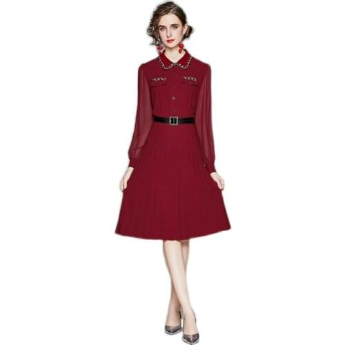 2020 New Spring Autumn Women Turn-down Collar Long Sleeve Dress Fashion Pleated Hem Wine Red Chiffon Dress Send The Belt