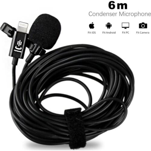6m Audio Video Lavalier Condense Microphone Mic Recording for smartphones flat iphone XS X/8/8 Plus/7/7 Plus iPad 4/3/2