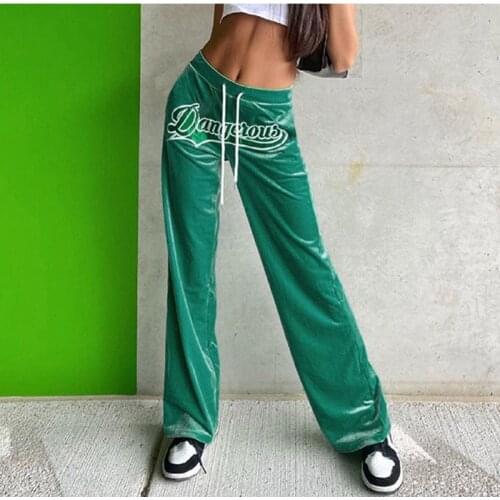 Letter Print Straight Pants Velvet Women Drawstring High Waist Trousers Casual Loose All-match Streetwear Sweatpants For Women