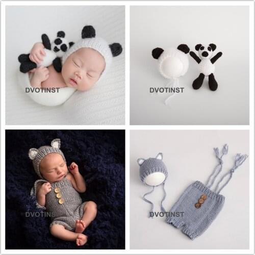Dvotinst Baby Newborn Photography Props Panda Fox Hat+Doll 2pcs Set Crochet Knit Fotografia Accessories Studio Shoots Photo Prop