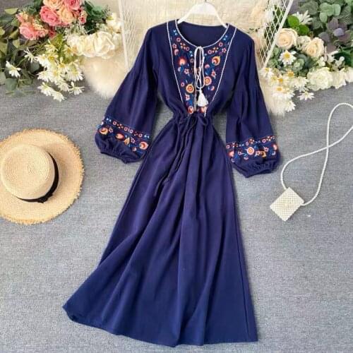 Cotton Floral Embroidered Maxi Dress O-neck Tassel Lantern Sleeve Summer Dresses Vintage Loose Boho Chic Women Dress Clothing