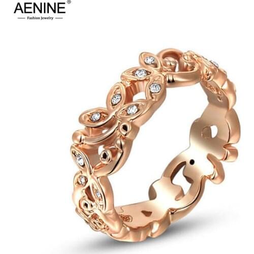 AENINE Trendy AAA Cubic Zirconia Anniversary Flower Rings Jewelry For Women Girls Rose Gold Christmas/Birthday Gift A2010242230