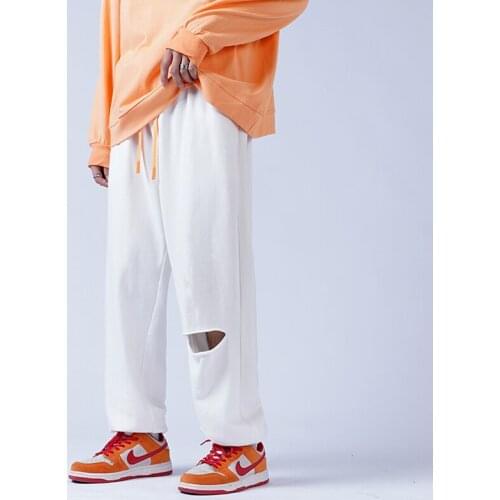 2021 Hip Hop Streetwear Men Pants White Color High Street Sweatpants Joggers With Hole