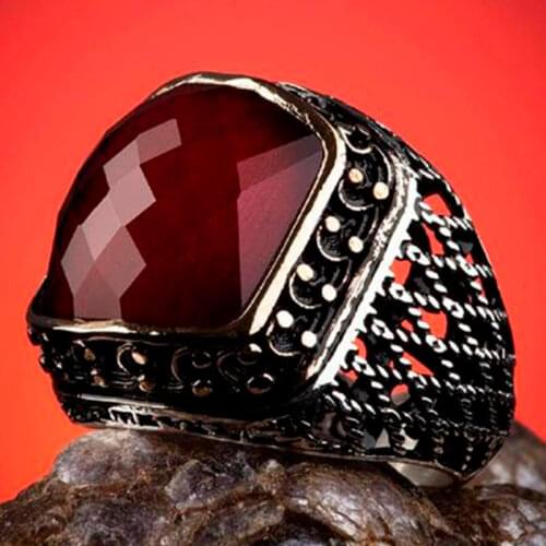 925 Sterling Silver Ring For Man Real Pure Silver Red Zircon Stone Handmade Turkish Jewelry