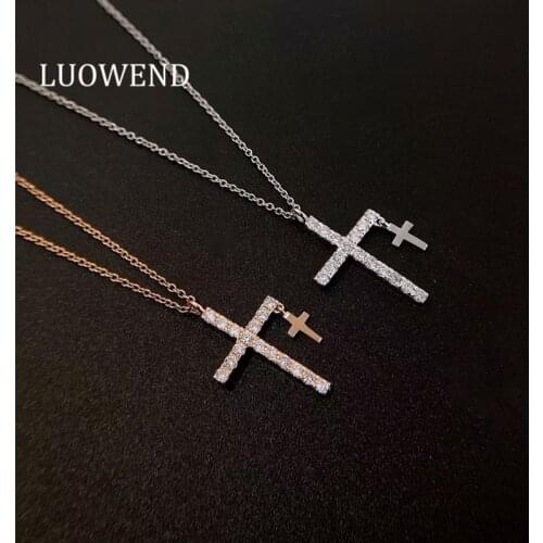 LUOWEND 100% 18K White Rose Gold Pendant Necklace Natural Diamond Women Necklace Christian Cross Design Pendant Birthday Gift