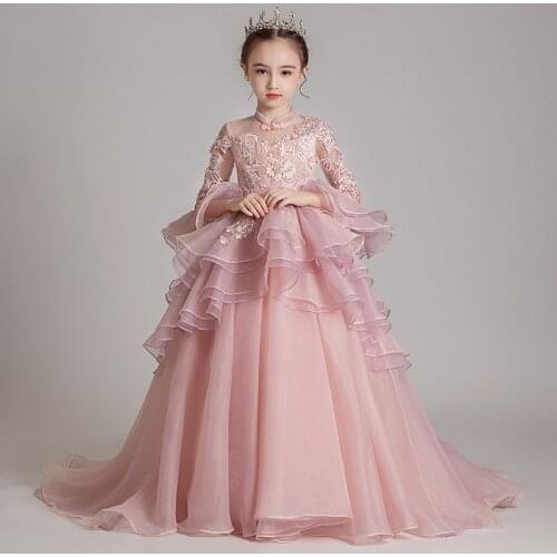 Flower Girl Dresses Princess Appliques Pearls Embroidery Crystal Ruched Ruffles Floor-Length Lace Tulle Kids Party Skirt H049