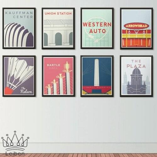Kansas City Retro Posters Liberty Memorial Kauffman Center Western Auto Bartle Hall Wall Art Picture Modern Home Decor Bedroom