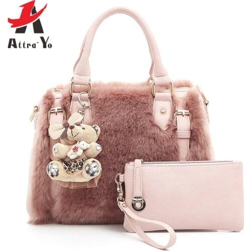 ATTRA-YO 2 PCS/Set Luxury Composite Bag Hairy Bear Doll Crossbody Bag Soft Bolsa Feminina Designer Handbags Wallet Shoulder Bag