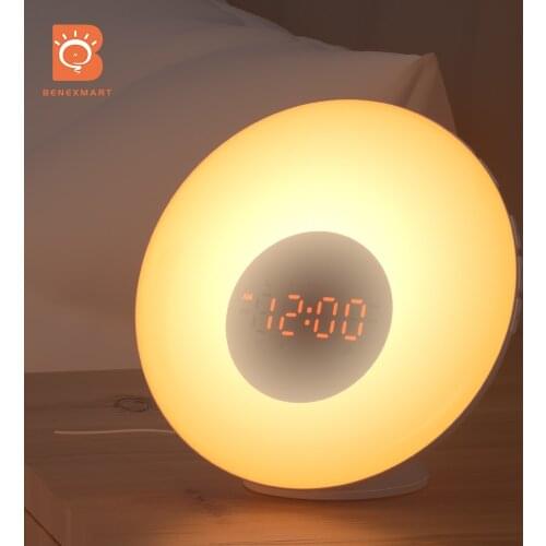 Benexmart Tuya WiFi Smart Wake-Up Sunrise Sunset Alarm Clock with 6 Colors Bedside Lamp LED Digital Display Timer FM Radio