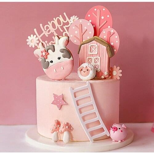 Cake Decoration Farm Animal Cows Sheep Pig Happy Birthday Cake Topper Flags Acrylic Ladder Decor For Baby Shower Birthday Party
