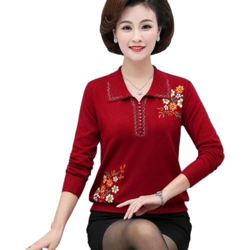 Embroidery Long-sleeved Knitted Sweater 2021 New Fashion Pullover Middle-aged Women SweaterSpring Autumn Mother Clothes Jumpe