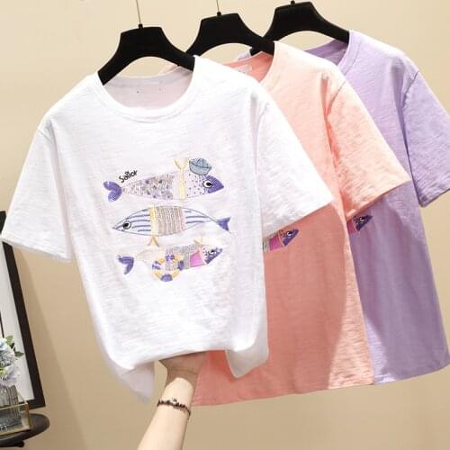 White T Shirt Cotton Women Tops 2021 Summer Casual T-Shirt Female Fish Sequin Purple Pink Short Sleeve Woman Clothes Plus Size