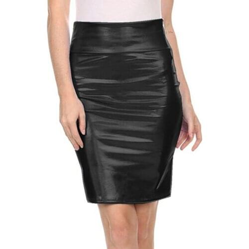 Women Faux Leather Pencil Skirt Slim Fit Elegant High Waist Package Hip Shiny Metallic PU Mini Bodycon Office Skirts