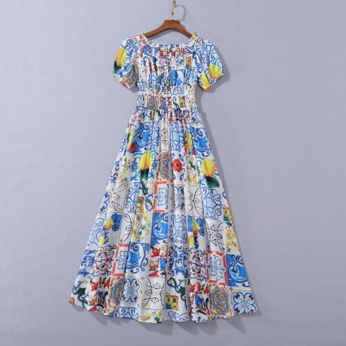 European and American womens clothing 2020 summer new style Short - sleeved one-line collar palace painted pottery print dress