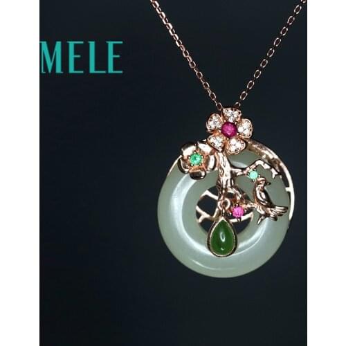 MELE Natural Hetian jade round pendant in 925 sterling silver for women and man,high quality jasper delicate and beautiful