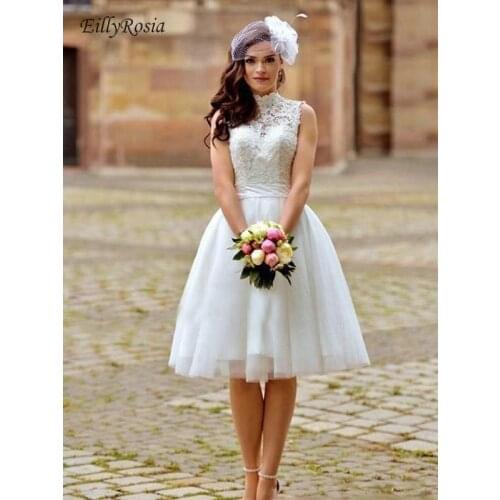 White High Neck Wedding Dresses Short Knee Length Lace Appliques Tulle A Line Sleeveless Elegant Bridal Gowns Buy China Direct