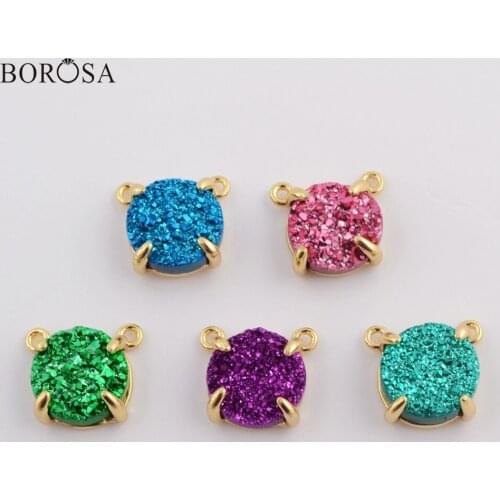 BOROSA Design 10PCS 10mm Round Gold Claw Natural Agates Druzy Titanium Rainbow Drusy Connectors for Necklace Jewelry ZG0413