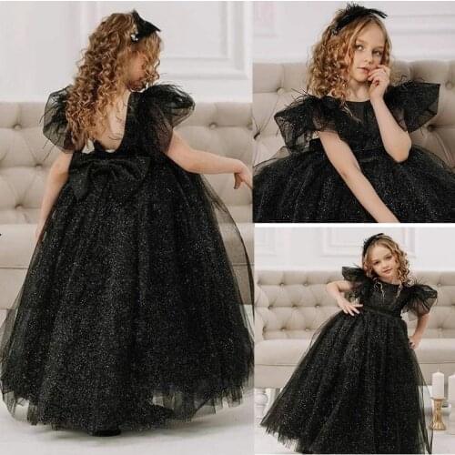 Black Shiny Flower Girl Dresses Tulle Backless Feather Ball Gown Lilttle Kids Birthday Pageant Weddding Wears