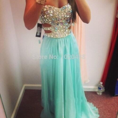 Elegant Gestante Crystal Beaded Sweetheart Side Cut Outs Long Turquoise Chiffon Prom Gowns Women Party 2019 new bridesmaid dress