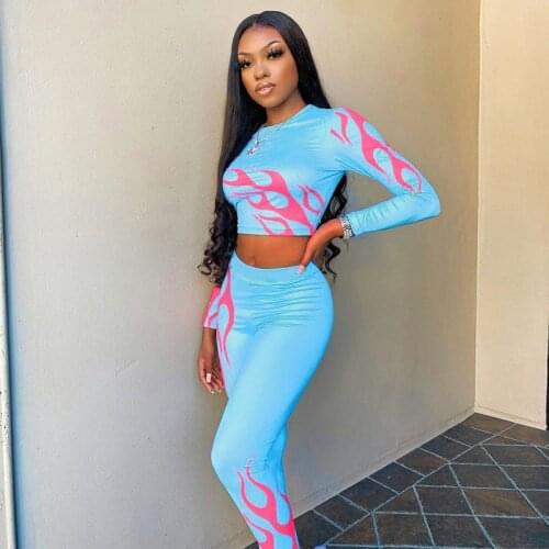 FNOCE 2020 Autumn womens sets tracksuits casual Fashion Printed o-neck Long-Sleeved short tops tight trouser slim two-piece set