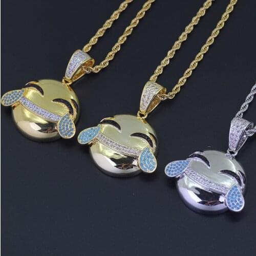 Hip Hop AAA CZ Zircon Stone Paved Bling Iced Out Laugh to Tears Pendants Necklace for Men Rapper Jewelry Gold Silver Color