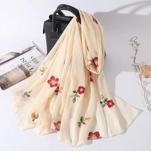 Cotton Linen Embroidered Flower Scarf Women Sunscreen Joker Floral Shawl Beach Towel Air Condition Shawl