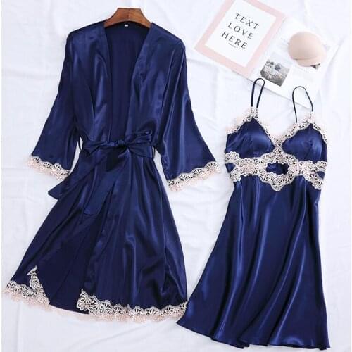 Sexy Lace Robe Sets With Belt 2PCS Womens Satin Pijamas Set Nightgown Silk Summer Sleepwear Bathrobe Female Pijamas Mujer