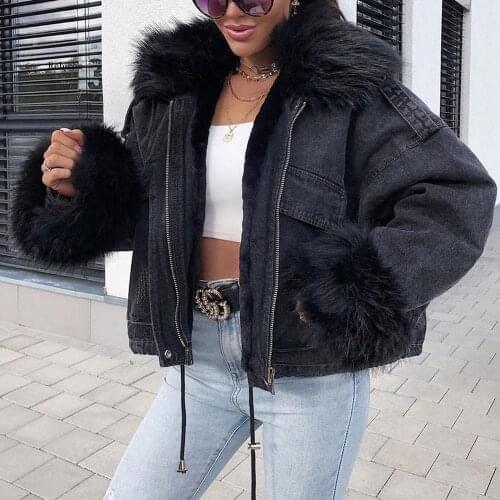 Autumn Winter Coats Women Cool Punk Black Long Sleeve Plush Jacket Tops Outerwear Overcoats Jeans Thick Jacket Casual Short