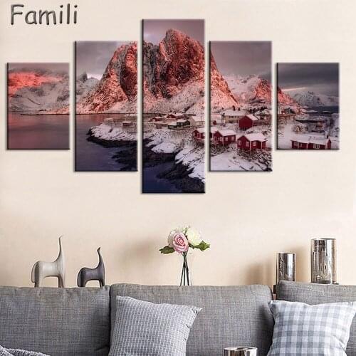 Print Painting Modular Poster Wall Picture 5Pcs/set Norwegian Lake Sunrise Canvas Frame Art For Living Room Home Decor Artwork