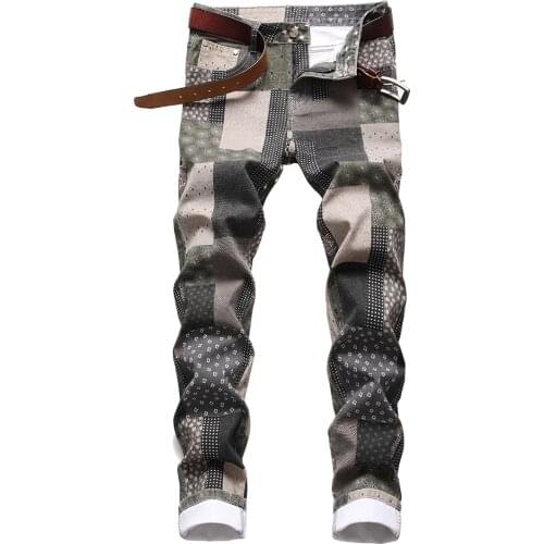 New 2021 Mens Male Patch Patchwork Printed Jeans Fashion Slim Straight Stretch Denim Pants Plaid Digital Painted Trousers F819