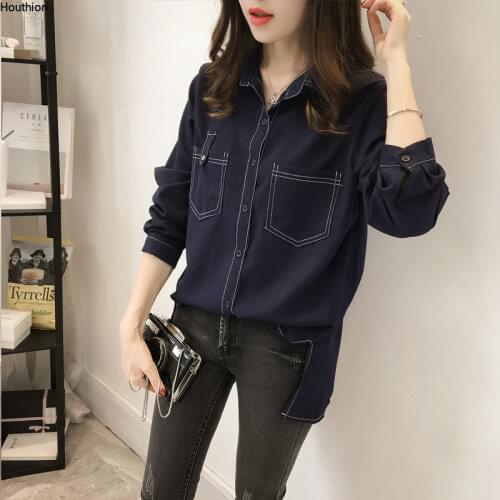 Houthion New Solid Chiffon Womens Blouses Summer Fashion Casual Korean Long Sleeve Top Retro Blouse Breasted Woman Shirt