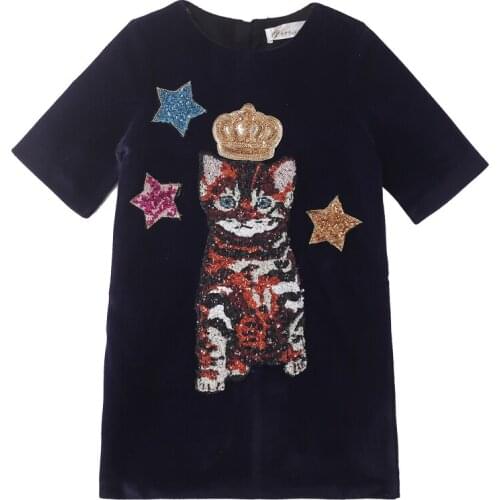 Autumn 2021 Black Girl Dress A-line Sequins Sparkle Shinny Cute Cat Animal Star Casual Short Sleeve Size 2 3 4 5 Years Old