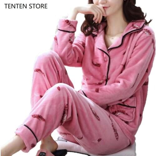 Autumn Winter Flannel Pajamas Sets Womens Print Sleepwear Home Clothing Thick Warm Coral Velvet Female Nightgown Suit Pajama