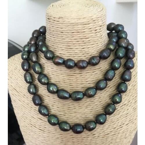 10-11mm Tahitian peacock green baroque pearl necklace 38"925silver